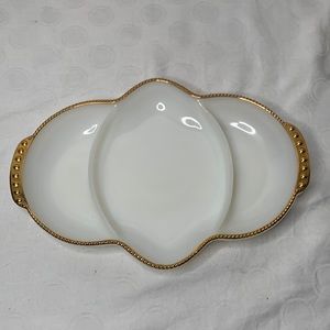Vintage Fire-King Serving Dish Milk White Glass Gold Accents